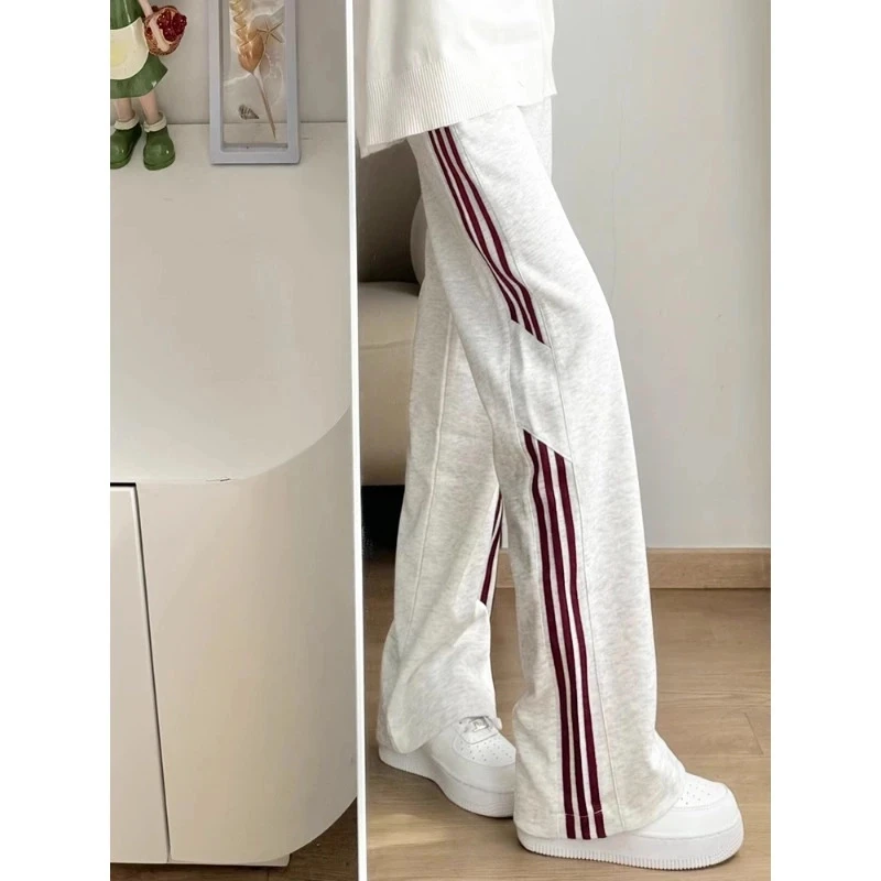 美式撞色条纹直筒灰色卫裤男款春秋休闲百搭潮牌宽松阔腿休闲裤子