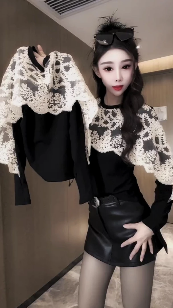 欧货时尚设计感蕾丝拼接长袖T恤女新款宽松百搭洋气减龄气质上衣