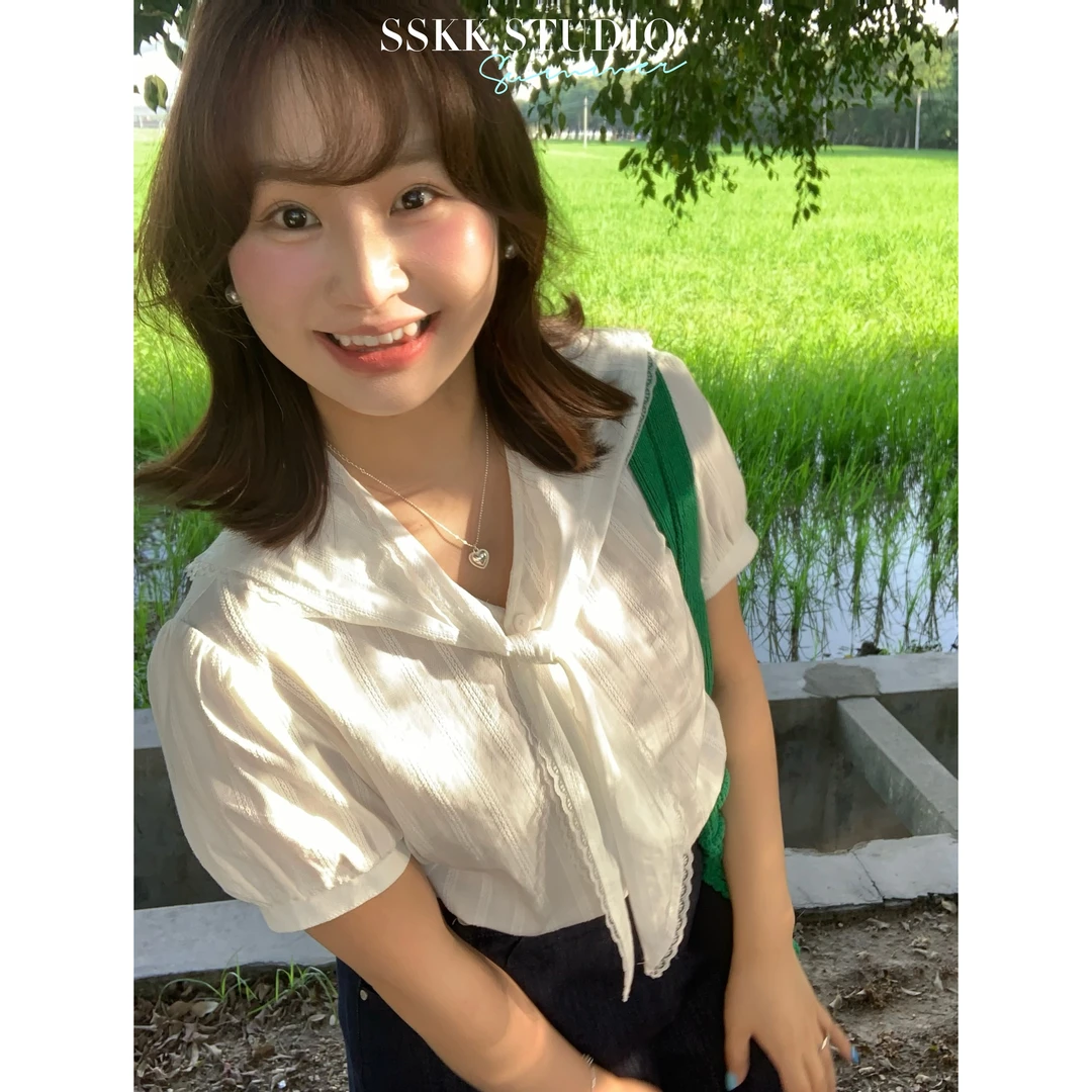 KMZY/KMZY山_山【夏日甜茶】微胖女装韩版温柔海军领通勤设计感上衣