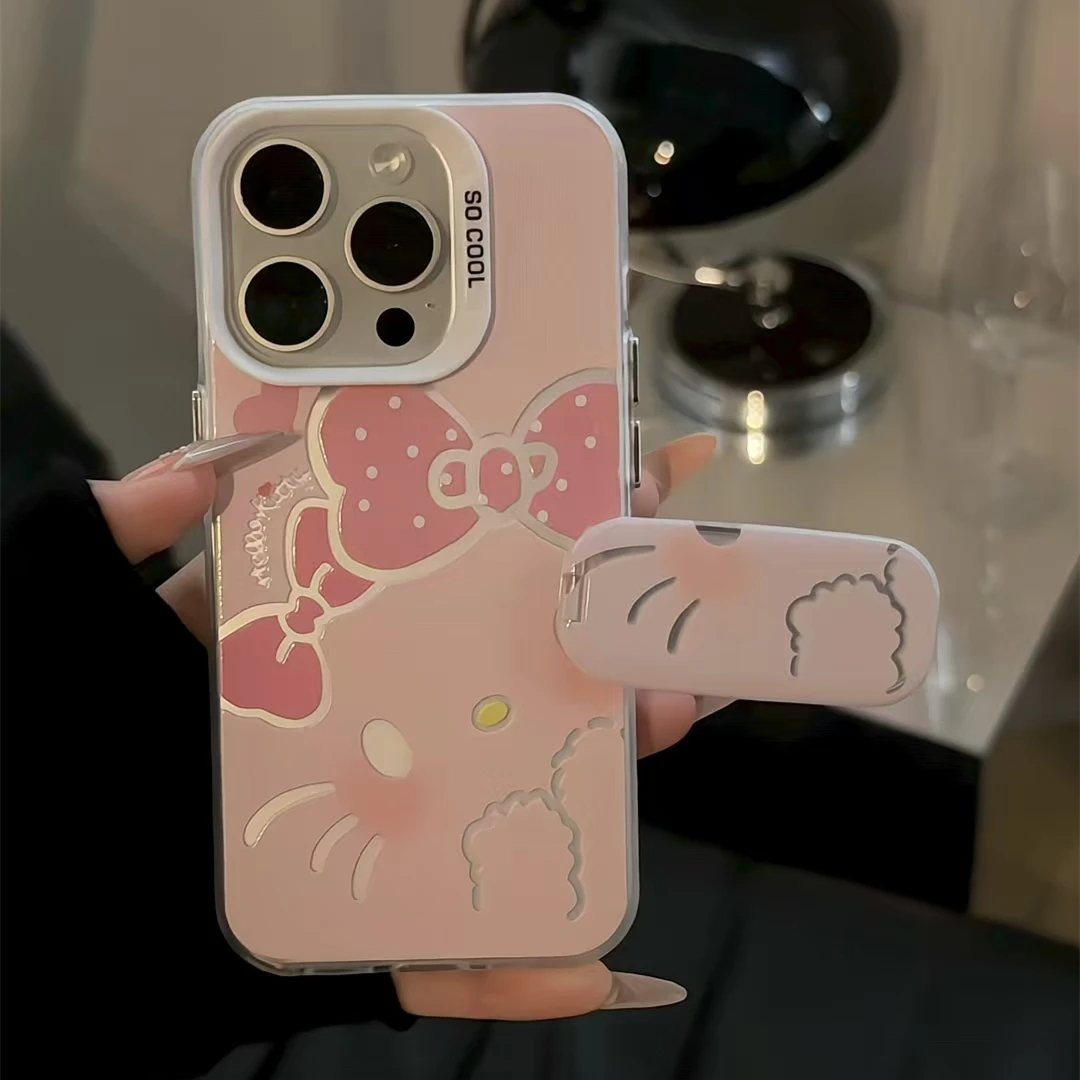 蝴蝶结凯蒂适用苹果17华为p70vivo小米15oppo磨砂彩银支架手机壳