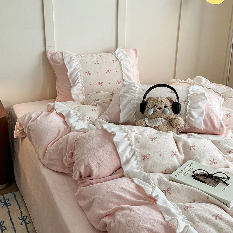 韩系ins风花边款牛奶绒四件套卧室床品套件学生宿舍少女心三件套
