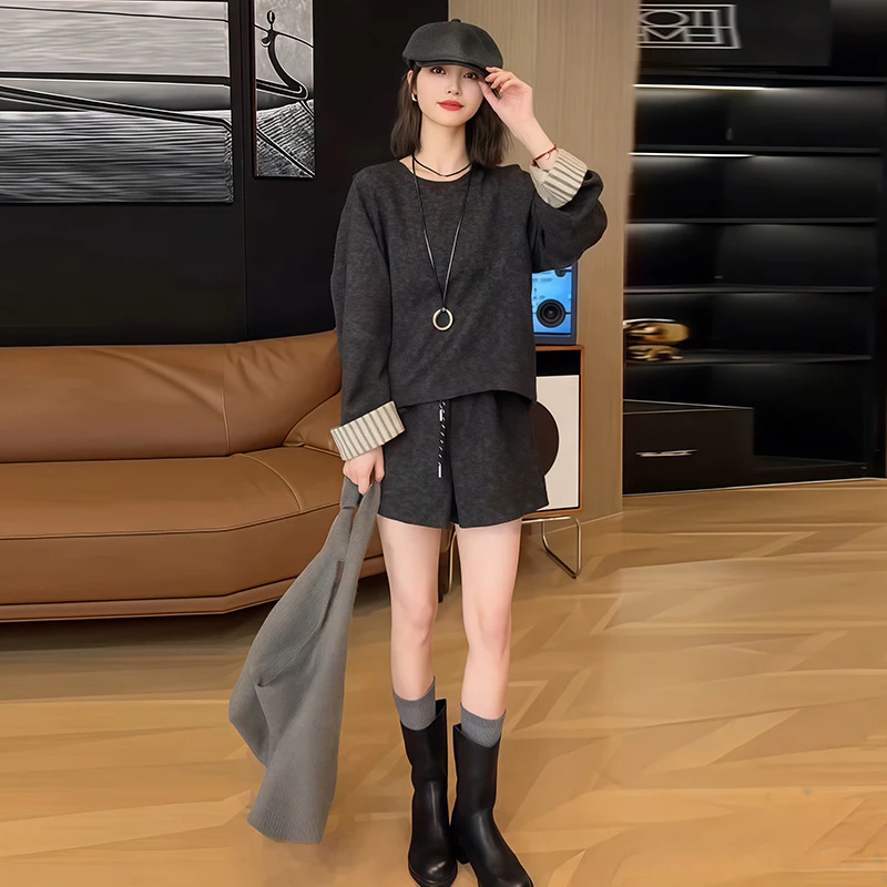 时尚通勤套装拼接长袖卫衣搭配长短款休闲裤洋气穿搭一整套春夏女