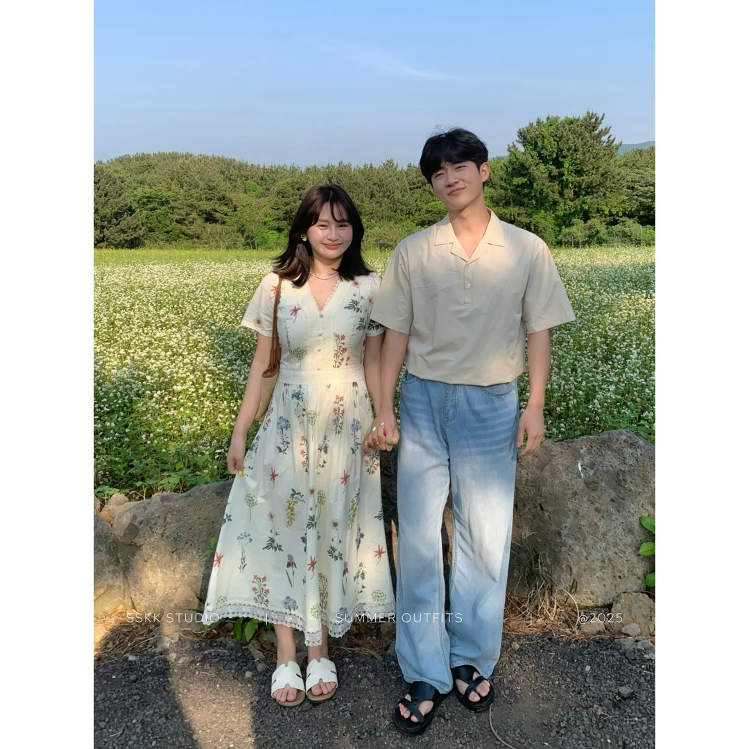 KMZY/KMZY山_山【海岛风铃】微胖韩系V领碎花温柔减龄感收腰连衣裙