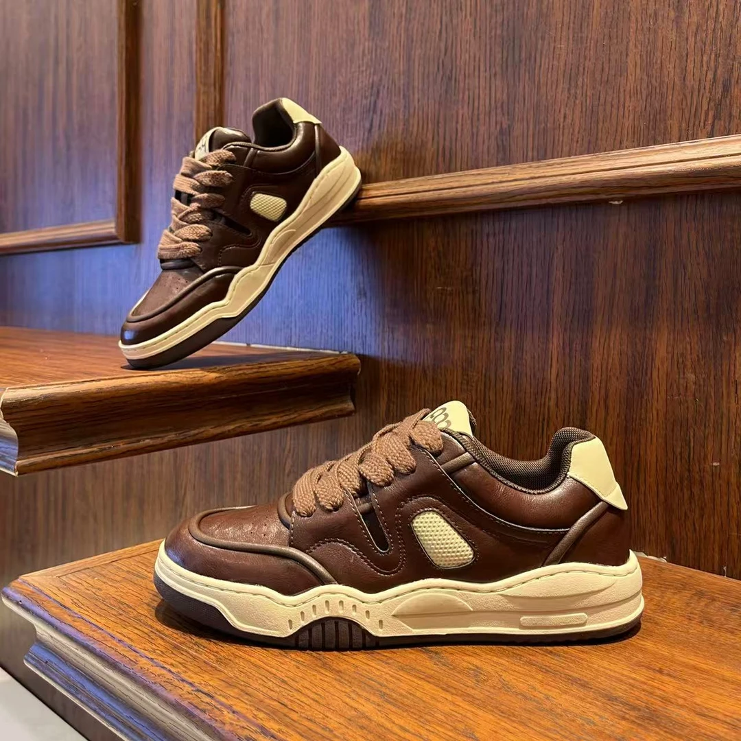 男鞋2025秋季时尚百搭低帮皮革拼接休闲板鞋复古圆头系带男生鞋子