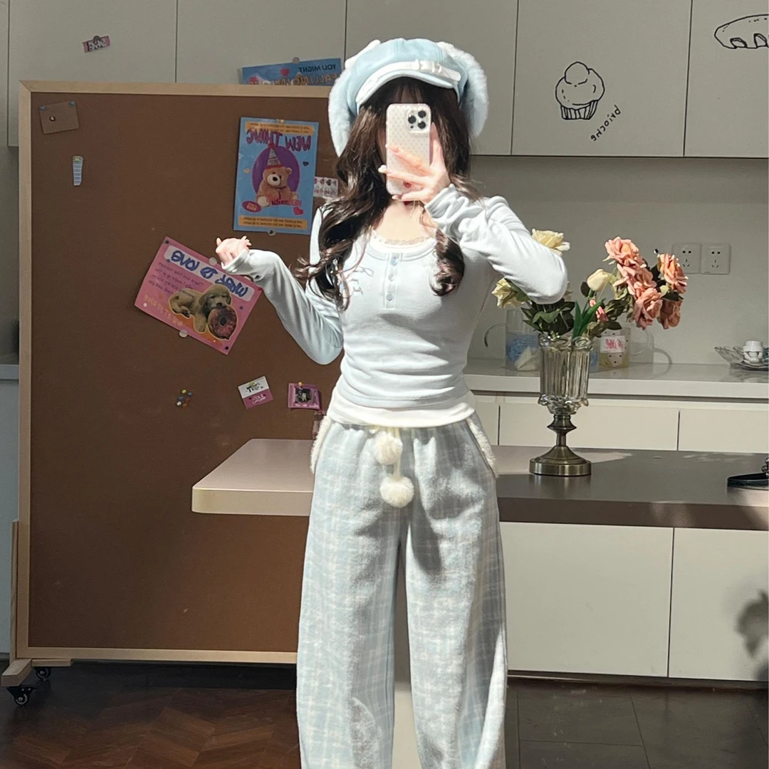 暖冬物语 织物猪原创 少女休闲慵懒假两件收腰上衣格纹直筒裤