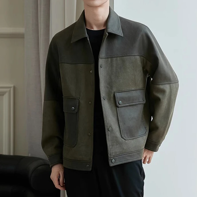 MarcciBior马希波尔25秋季新款男士PU皮拼接仿麂皮绒夹克