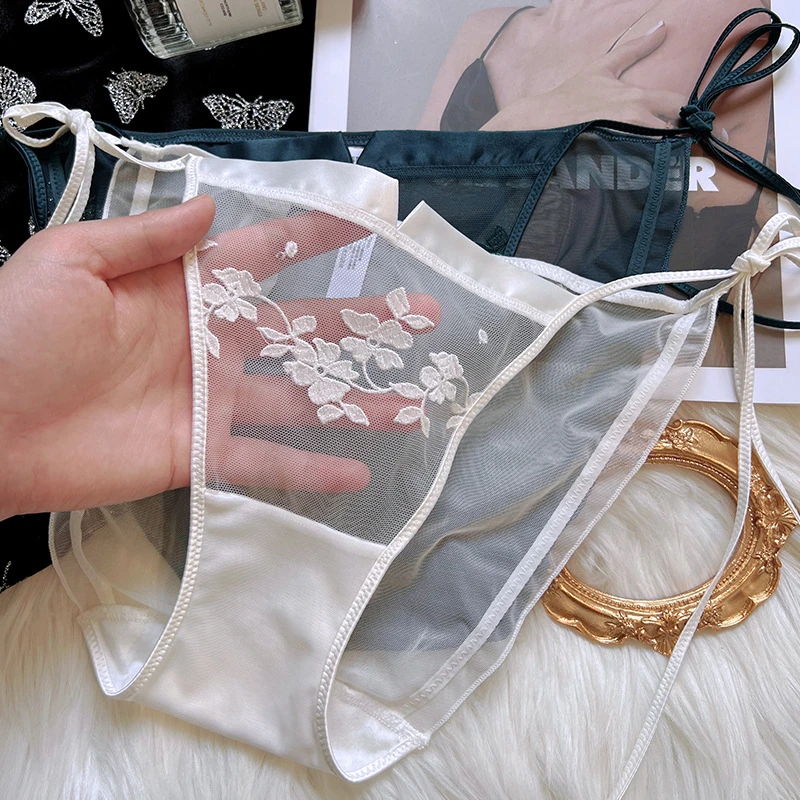 法式刺绣蕾丝无痕系带内裤女两侧可解低腰三角裤网纱夏季国服薄款