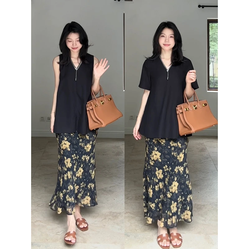 郭九九呢 天丝亚麻v领简约显瘦上衣水墨印花斜裁半身裙G925G08156
