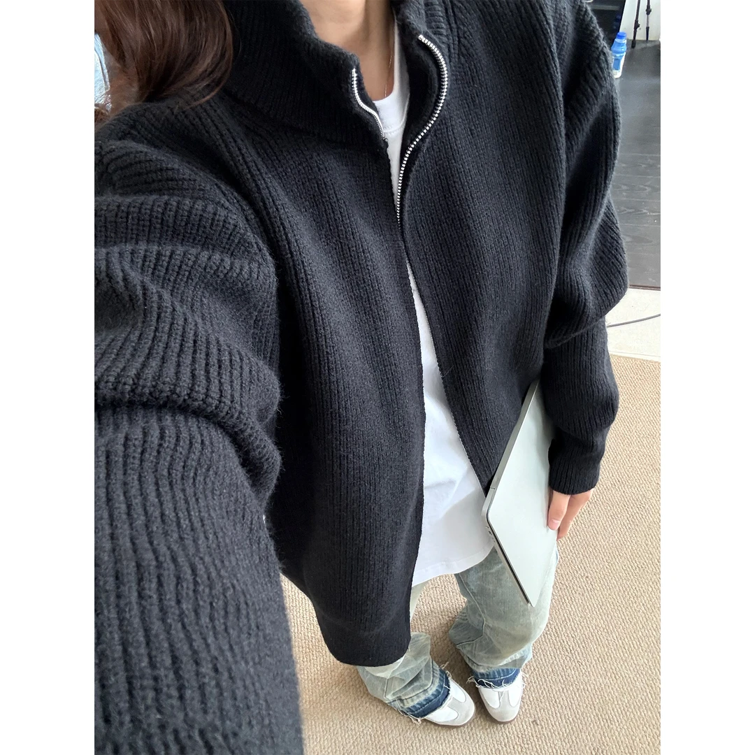 黑色cleanfit重磅双拉链高领毛衣休闲简约针织开衫慵懒风宽松外套