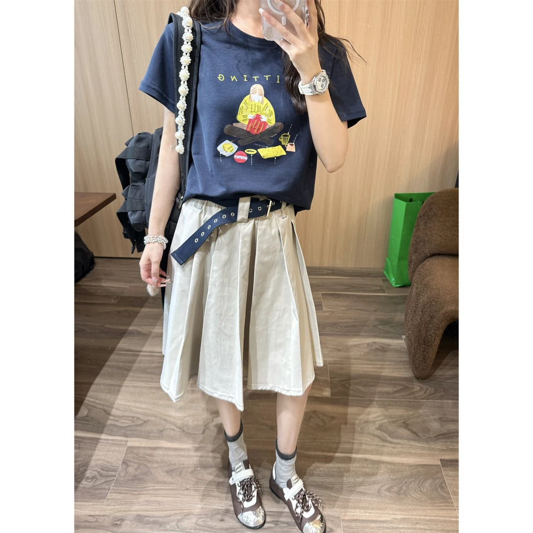 谢荞荞「织衣女孩」夏季新款重工刺绣撞色印花宽松短袖百搭T恤