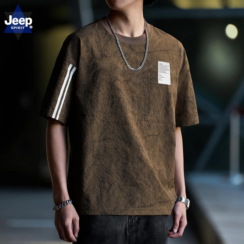 JEEPSPIRIT泡泡纱冰丝凉感短袖t恤男士夏季运动半袖薄款上衣宽松