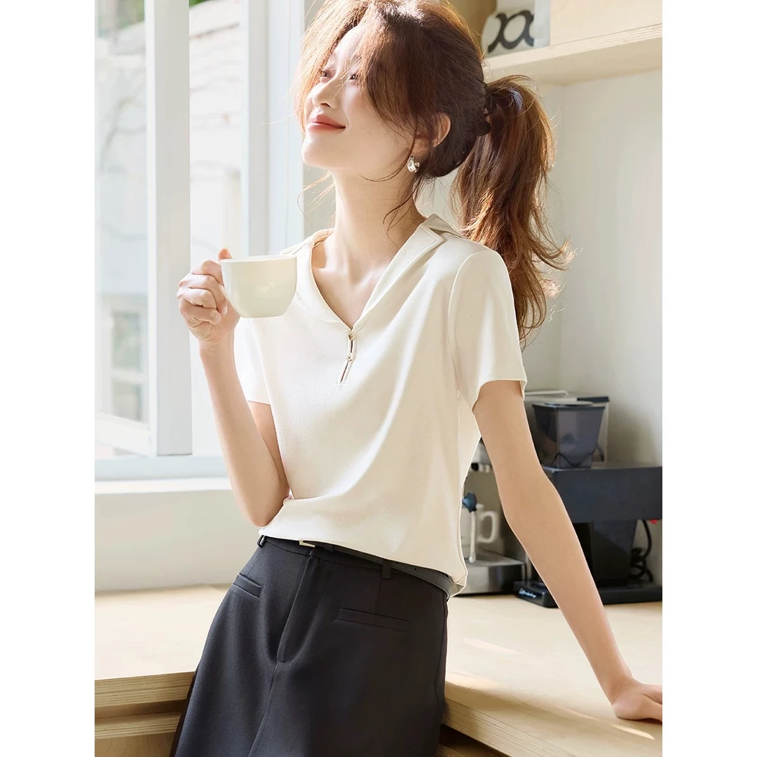 百搭小众设计感翻领短袖收腰显瘦衬衣2025夏季新款衬衫女