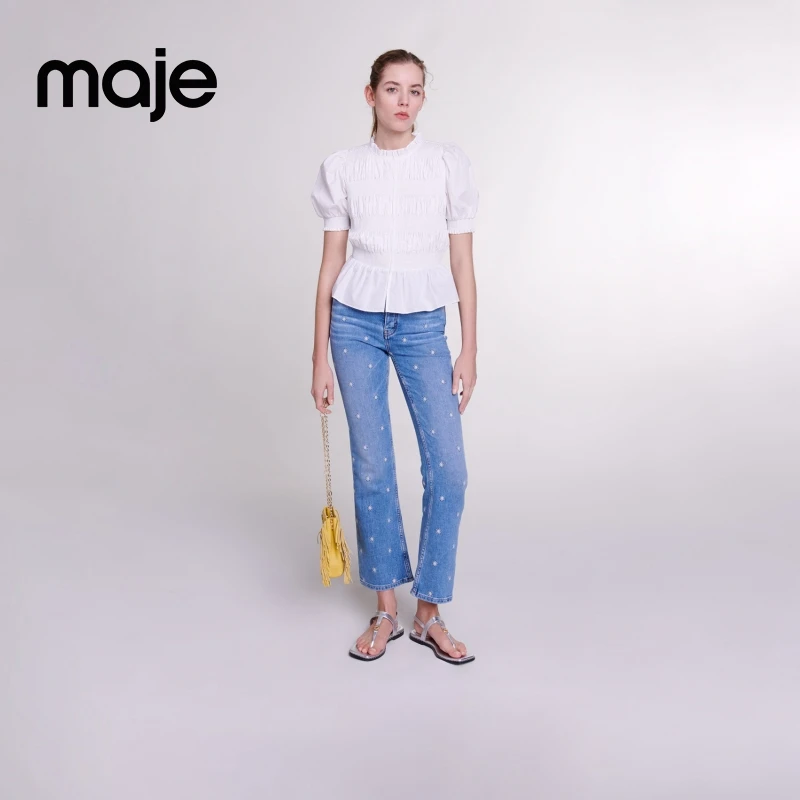 Maje秋冬女装时尚蓝色刺绣设计感微喇休闲牛仔裤长裤MFPJE00585