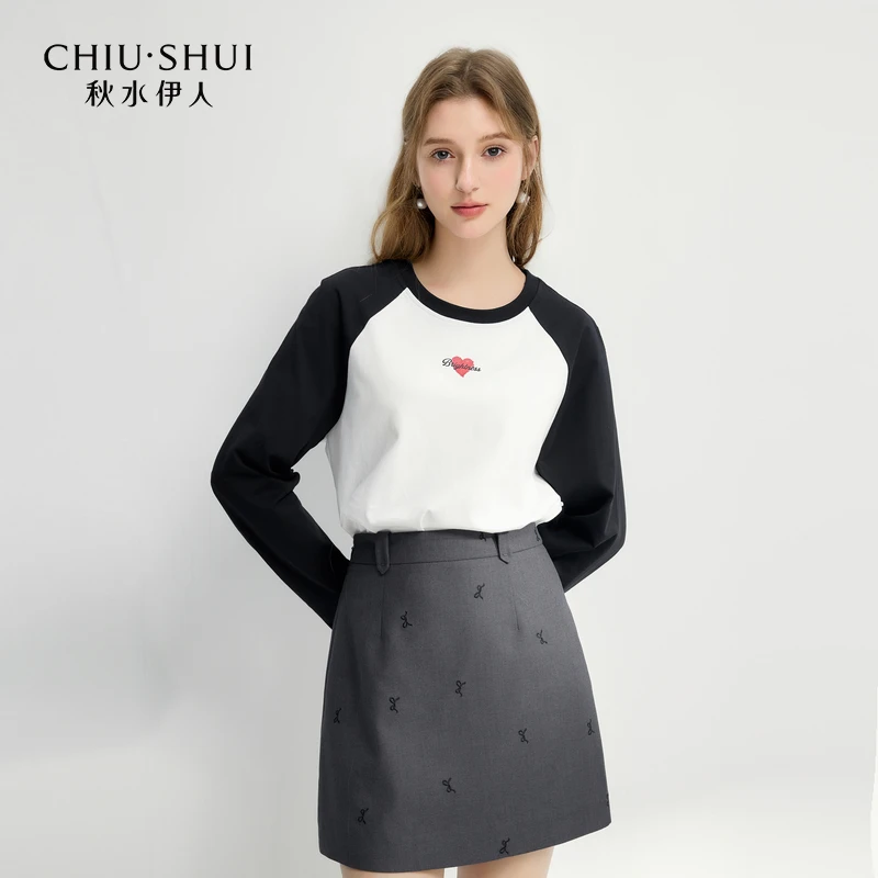 秋水伊人简约撞色T恤2025年春季新款插肩圆领上衣女625101E200510