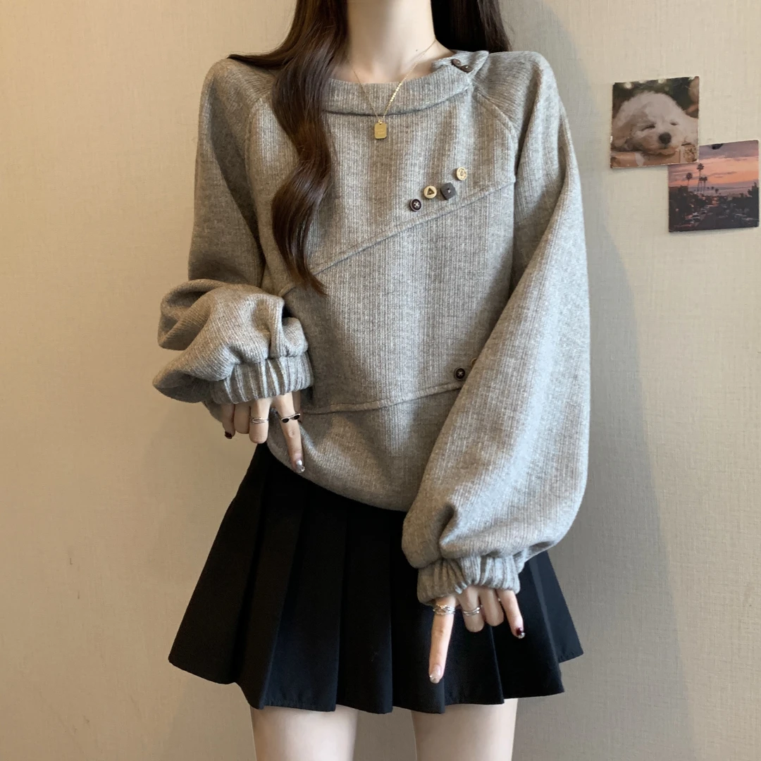 大码女装复古遮肚子抽绳正肩长袖卫衣春秋胖妹妹宽松显瘦短款上衣