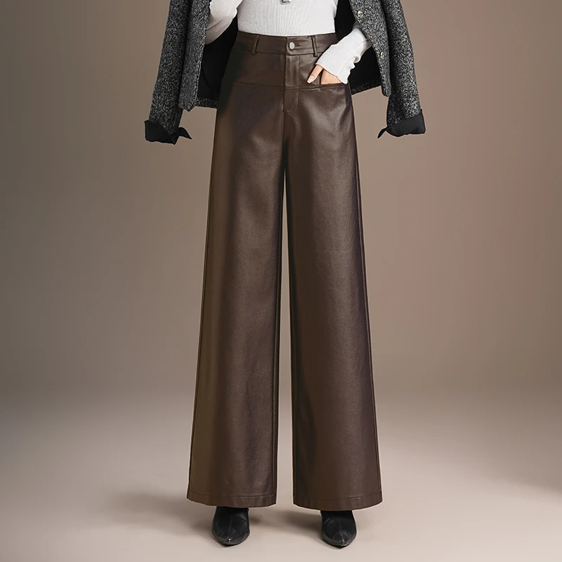 咖色裤子皮裤显瘦阔腿裤女2025秋冬季新款宽松垂感pu皮直筒休闲裤