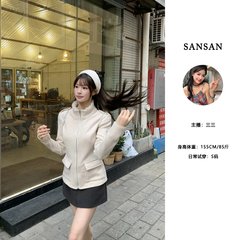 【三三】（冬日午后）毛领羊毛混纺针织拉链修身外套开衫打底上衣冬