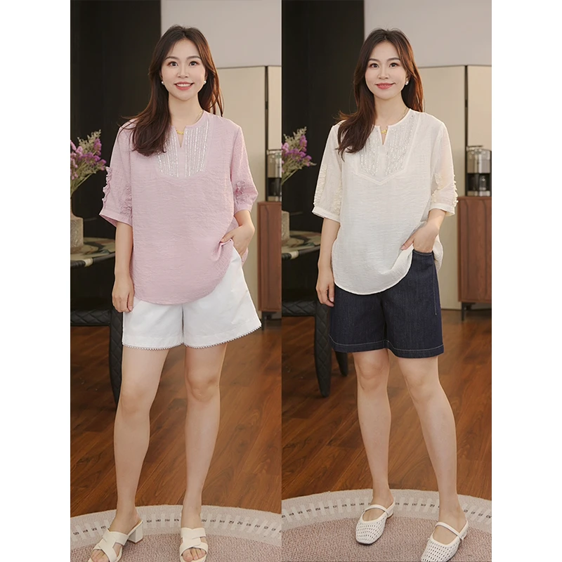 【猫猫】炫丽人生  V领粉色天丝短袖衬衫夏时尚洋气休闲上衣MC5846