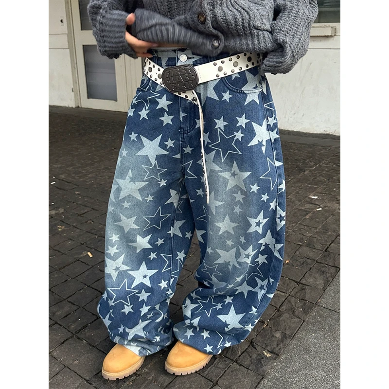 美式复古水洗星星满印渐变弯刀牛仔裤男女潮牌宽松百搭阔腿休闲裤