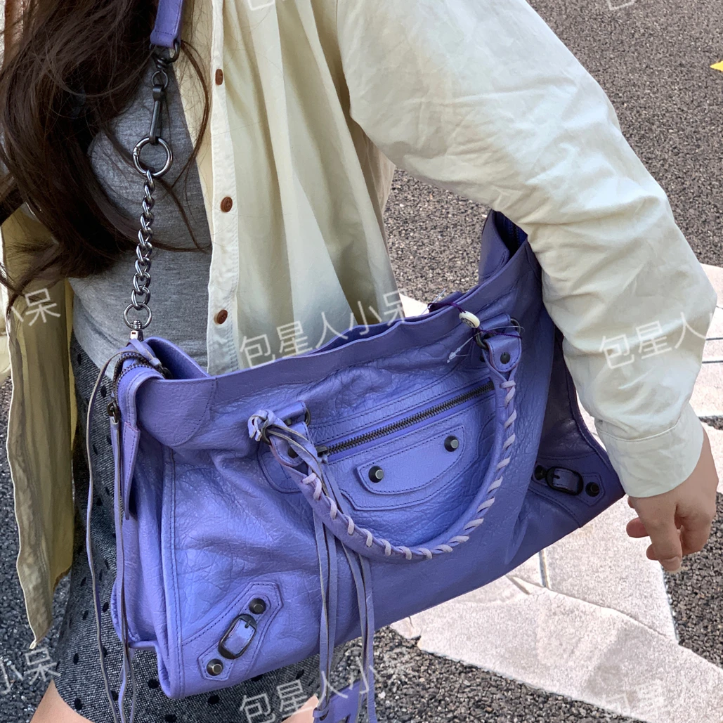 95新 Balenciaga/巴黎世家 巴黎世家暗夜紫色中号机车包 底长37