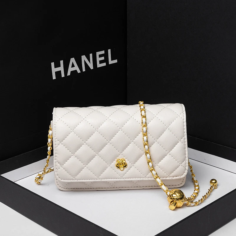 山茶花包包女2025新款菱格链条包小金球斜挎包百搭小众单肩小方包