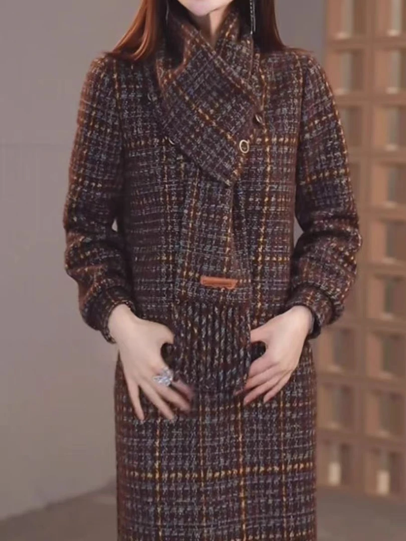 【F2221】雪花绒时尚格纹气质洋气俩件套裙2025新款修身套装女