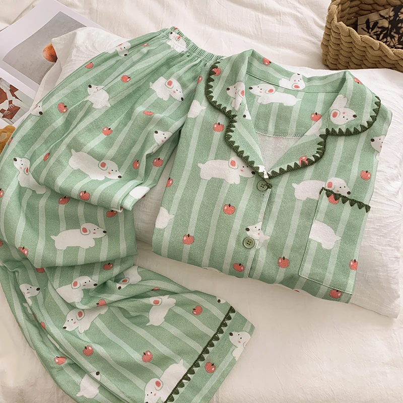 奶绿条纹小狗苹果睡衣女款秋冬季纯棉磨毛花边开衫保暖长袖家居服