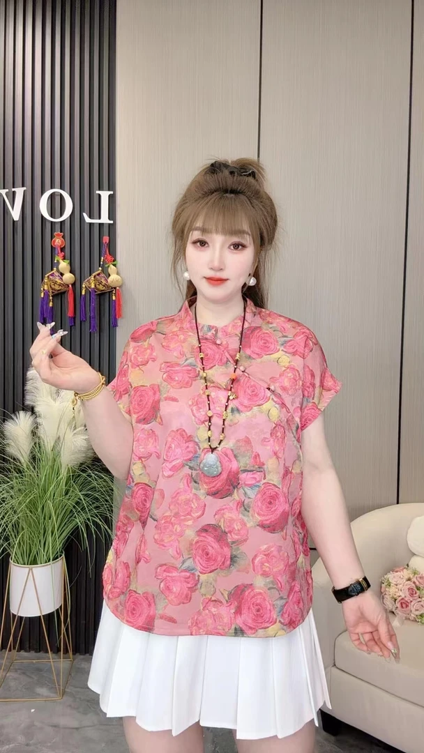 PDM-1530新款时尚百搭立领短袖衬衫女国风印花休闲显瘦气质上衣潮