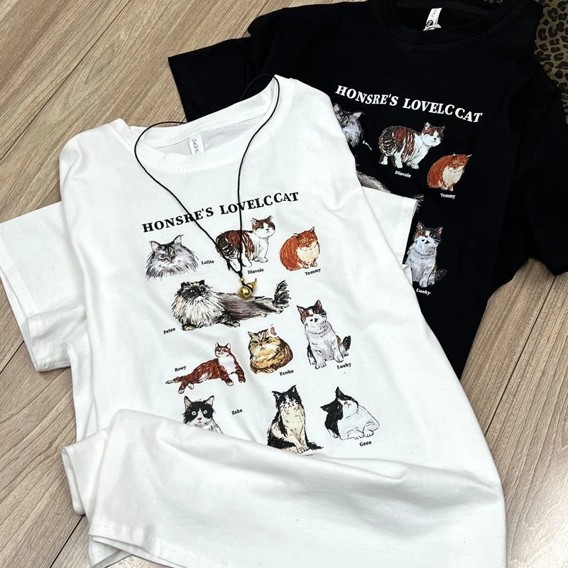 YZJ【猫咪乐园】棉质正肩圆领猫咪印花宽松藏肉显瘦短袖T恤打底