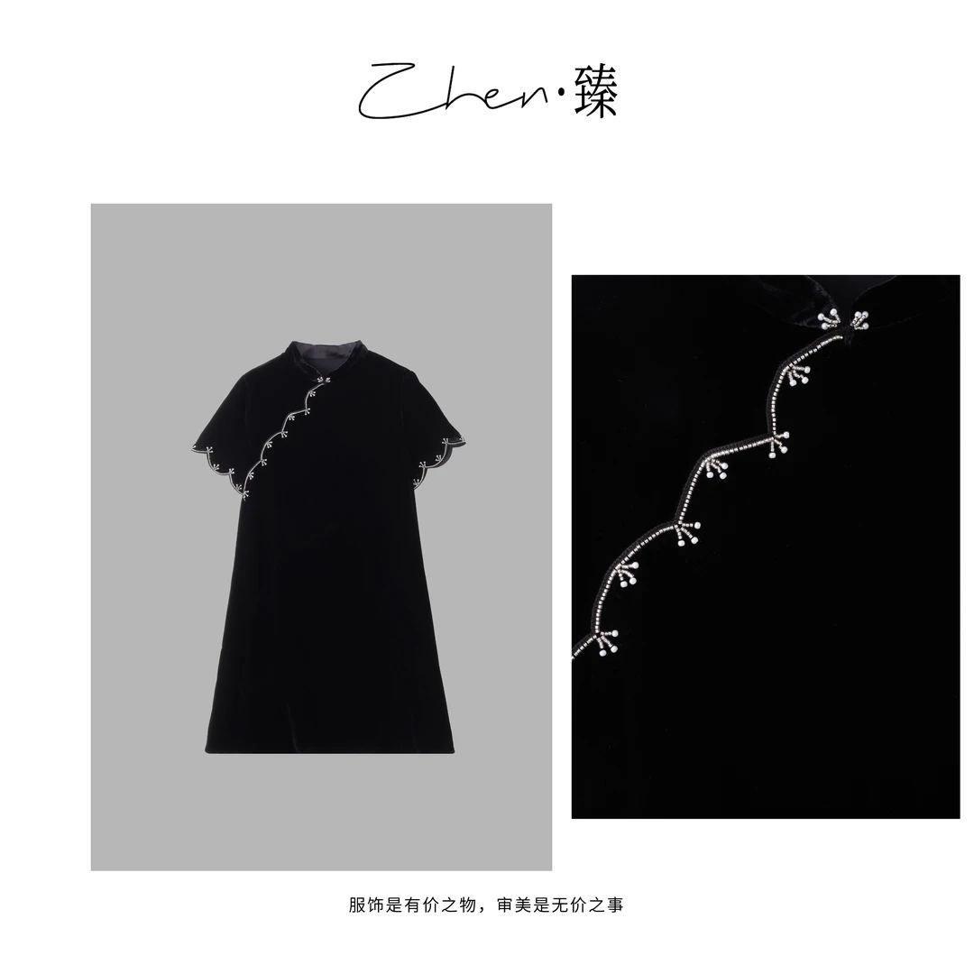 ZHEN.臻 新中式手缝刺绣花边斜襟复古典雅真丝丝绒连衣裙LYQ8183Z