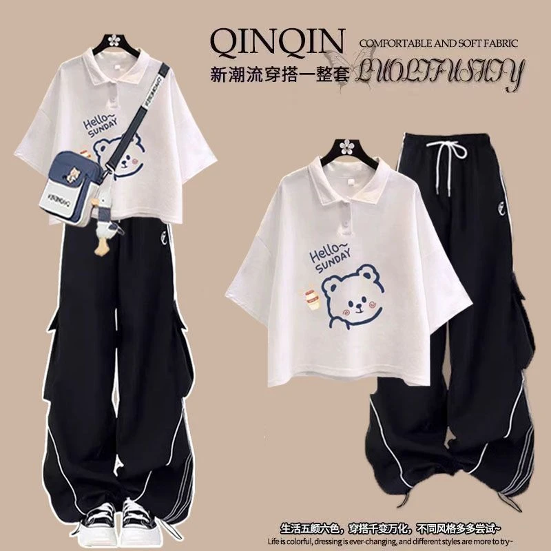 2025夏季套装女学生韩版宽松卡通POIO领印花T恤+高腰阔腿裤两件套