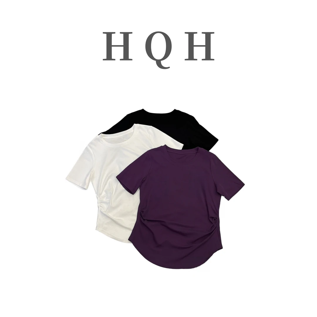 韩系正肩版型纯色收腰褶皱微胖穿搭遮肉显瘦通勤减龄圆领T恤1031#