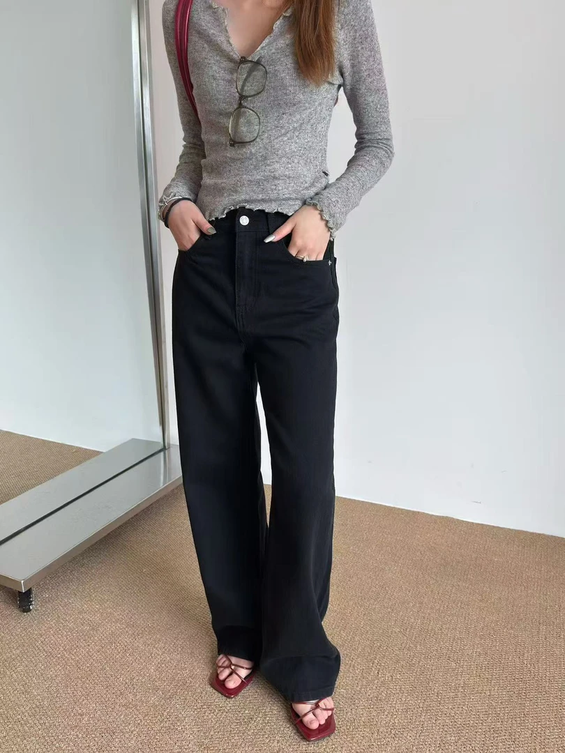 OL 经典黑色直筒牛仔裤