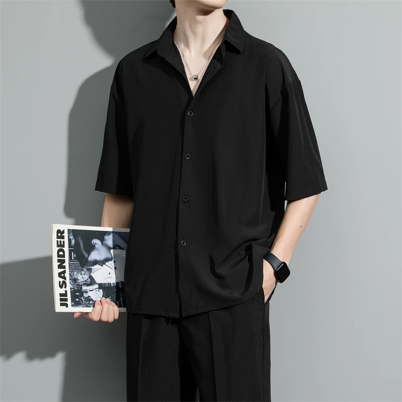 衬衫男士夏季冰丝短袖垂感高级感宽松休闲黑色衬衣男长袖薄款外套