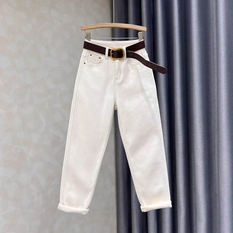 米白色薄款款式萝卜牛仔裤女2025夏季薄款高腰休闲百搭小脚哈伦裤