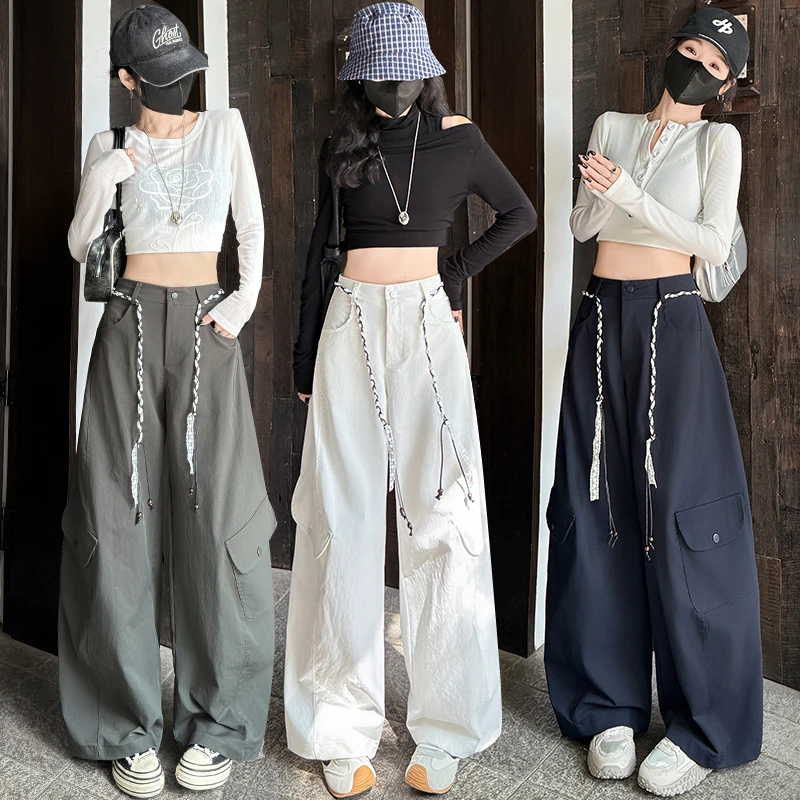 军绿色美式裤子工装裤女秋季新款高腰笔记女装禅意仙气飘飘女款