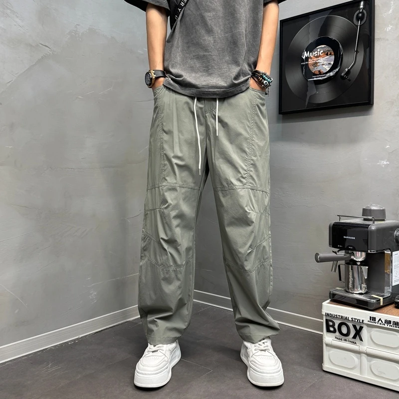 2025秋季新款男士纯色休闲裤拼接褶皱长初秋穿搭美式复古男士直筒