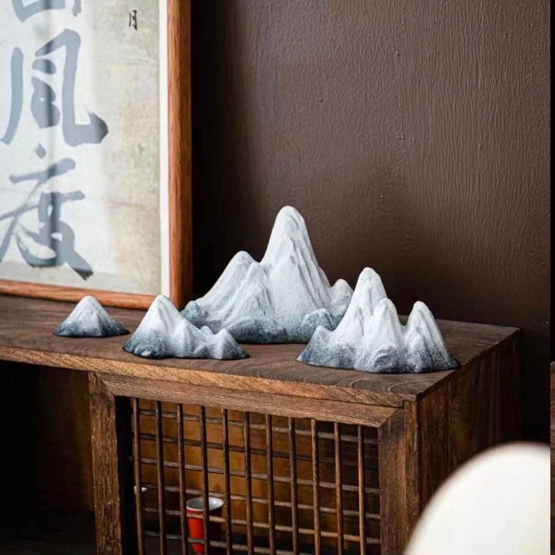 雪山简约小摆件造景客厅新中式玄关造景陶瓷鱼缸造景雪山造景鱼缸