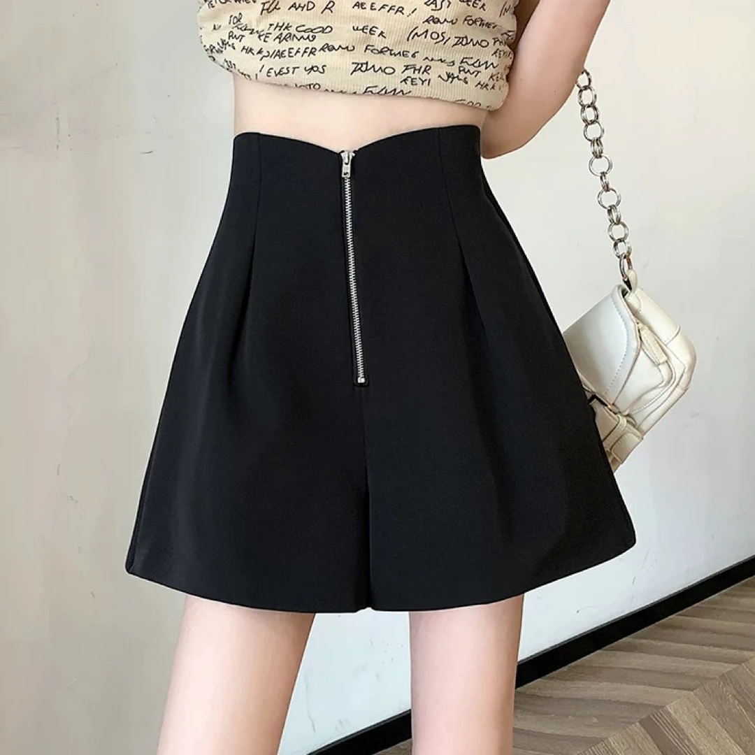 大码女装6361拉链收腰黑色遮肚子百搭阔腿短裤显高提臀高腰热裤子