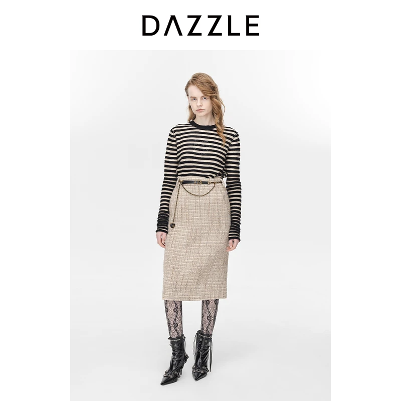 DAZZLE地素针织长袖衫23新款法式圆领条纹直筒上衣女2H4E442