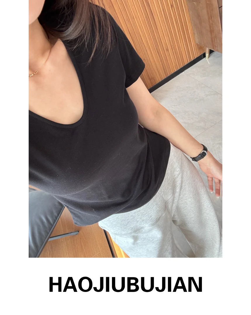 好久不见黑色天丝羊毛V领半袖