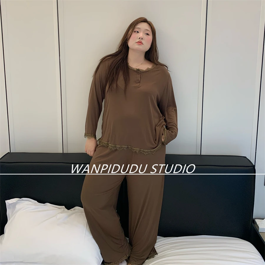 大码胖MM200斤秋长袖长裤莫代尔深棕美拉德色系简约宽松睡衣