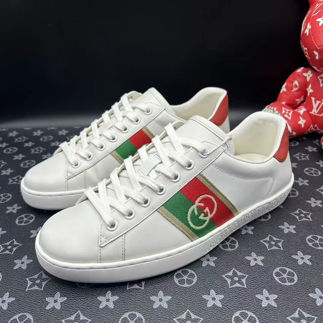 99新 GUCCI/古驰 男士时尚红绿双G织带小白鞋40.5欧码xx030