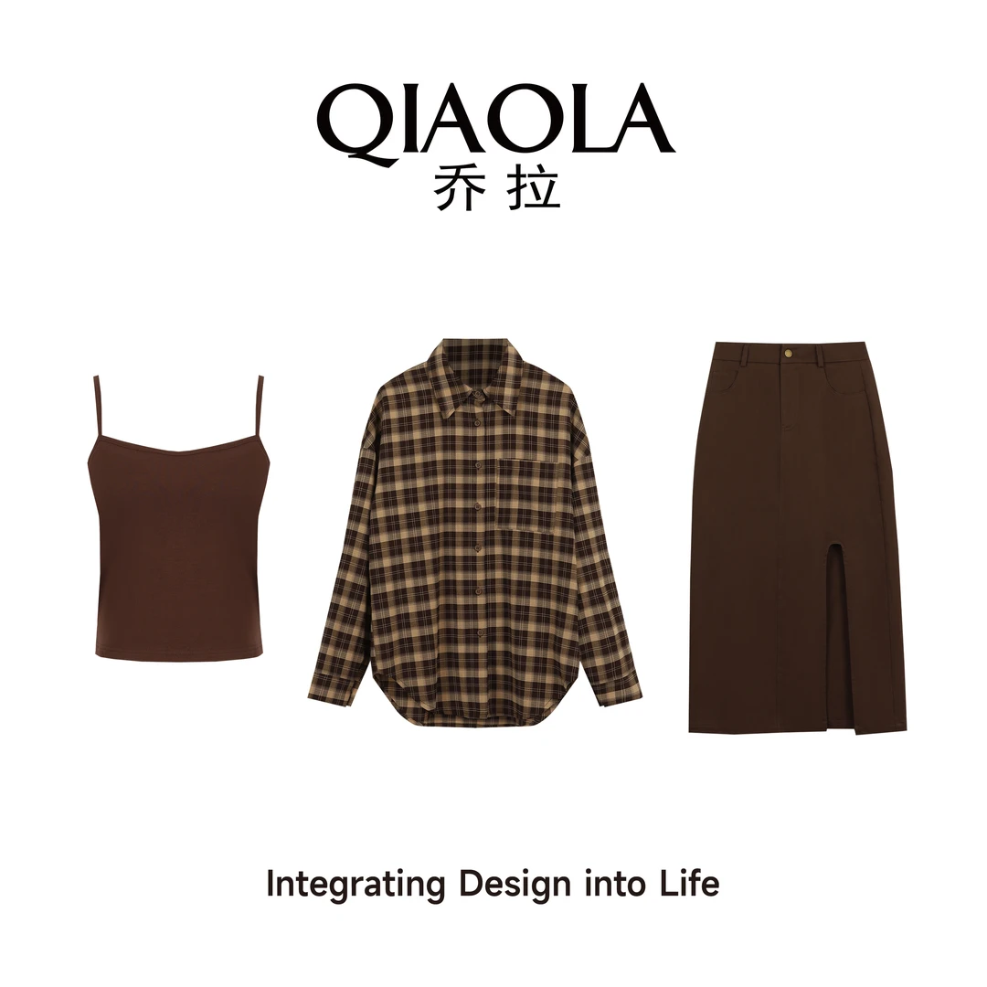 QIAOLA/乔拉【布蕾烤奶】春夏新款格纹梭织翻领慵懒A版时尚套装预售