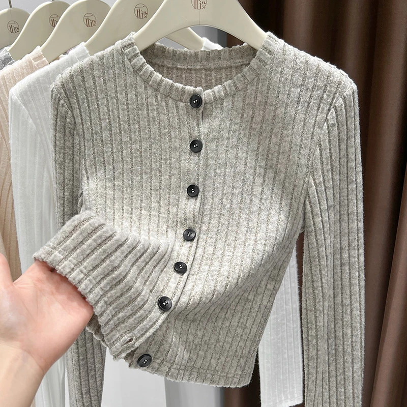 小众设计坑条毛衣针织开衫女新款磨毛圆领长袖披肩外搭高级感上衣