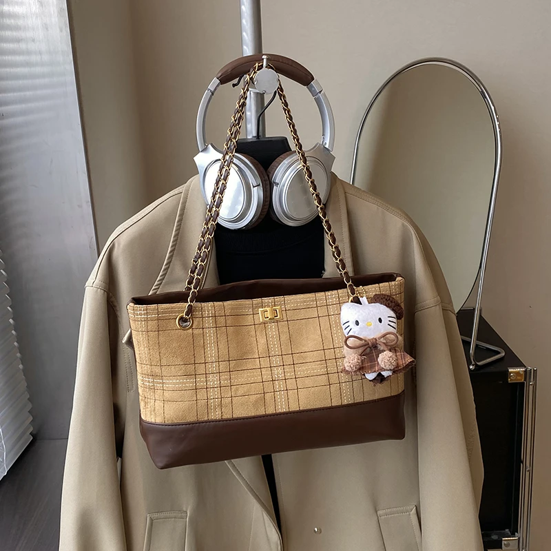 条纹复古包包女大容量新秋冬百搭链条单肩斜挎包通勤纽芝兰托特包