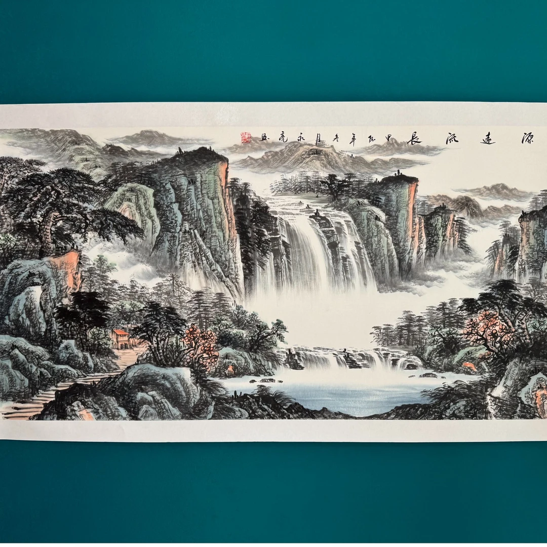 纯手绘-源远流长（137*70）单画心聚宝盆山水画寓意好国画水墨画