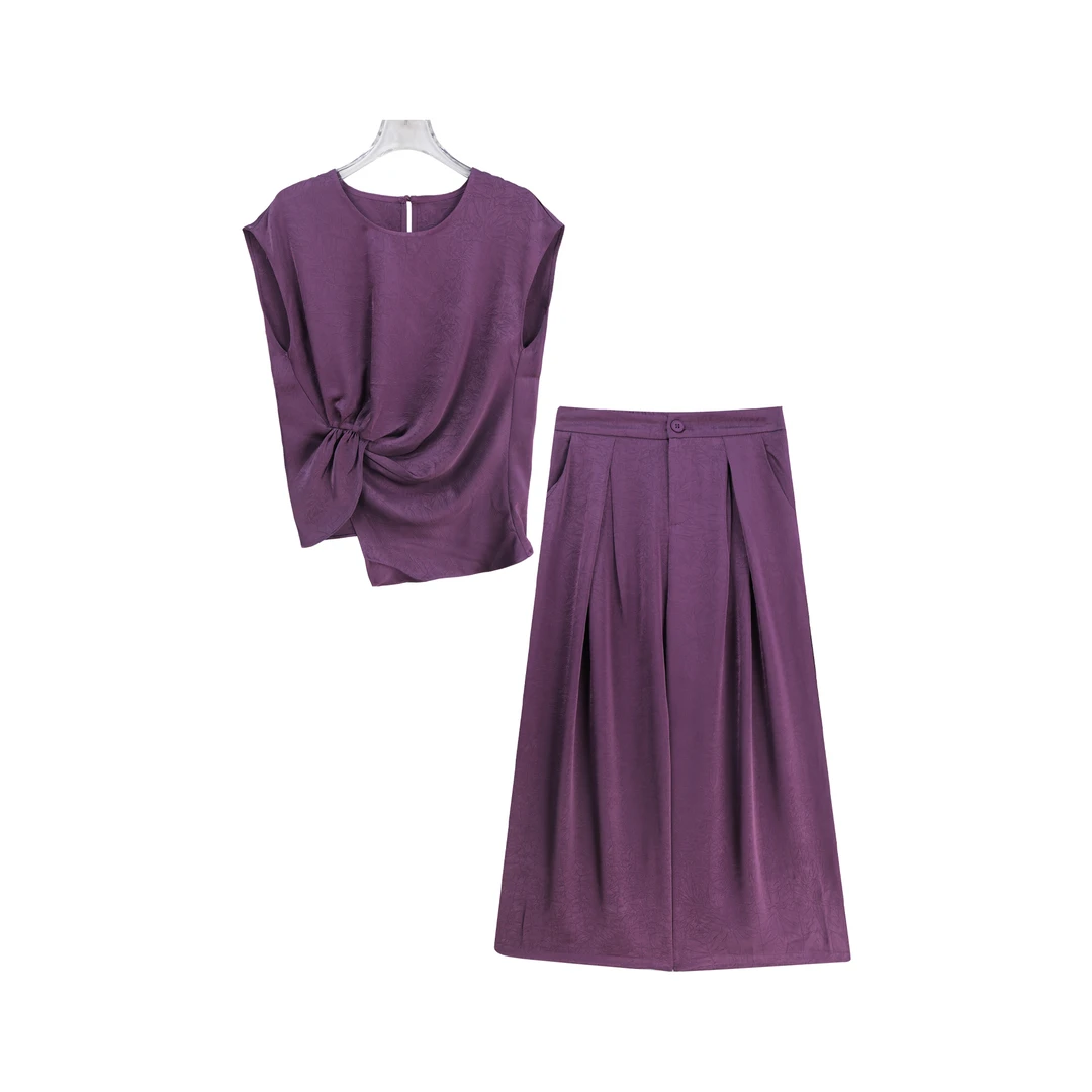 轻奢高级感暗纹法式无袖T恤垂感阔腿裤套装A14690