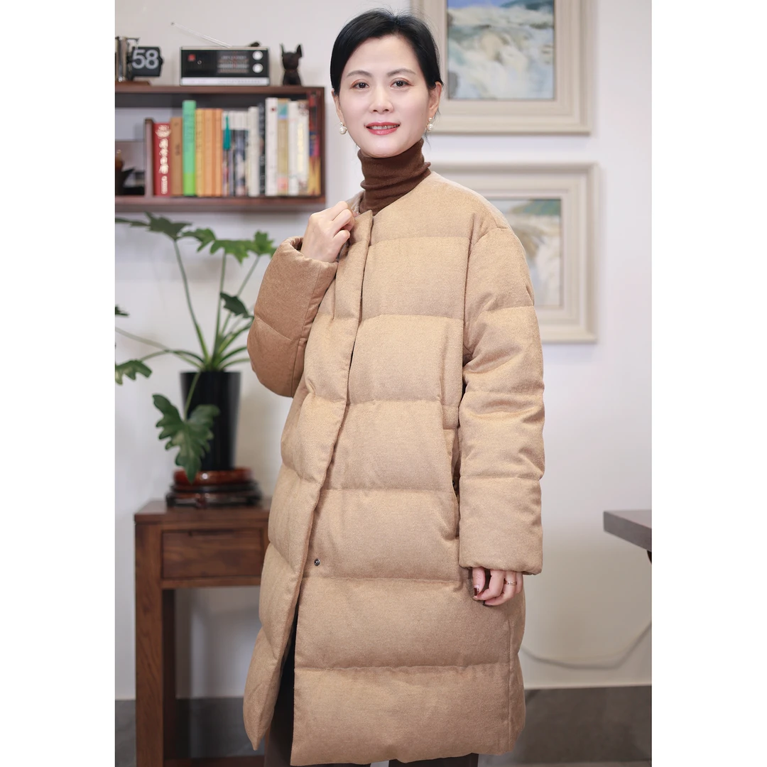 YANER/燕尔经典胶囊圆领绗线羊毛白鹅绒中款羽绒外套