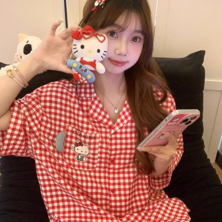 【DMXJ大梦想家】可爱Kitty印花睡衣夏格纹家居服宽松大码短裤套装